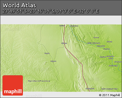 Physical 3D Map of the Area around 23° 33' 11" S, 31° 31' 29" E