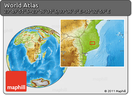 Physical Location Map of the Area around 23° 33' 11" S, 34° 4' 30" E
