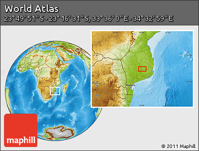 Physical Location Map of the Area around 23° 33' 11" S, 34° 4' 30" E