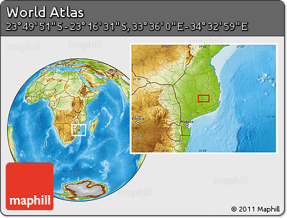 Physical Location Map of the Area around 23° 33' 11" S, 34° 4' 30" E