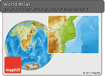 Physical Location Map of the Area around 23° 33' 11" S, 34° 55' 29" E