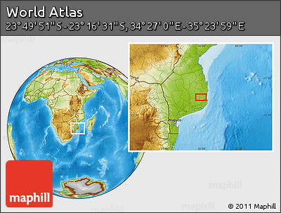 Physical Location Map of the Area around 23° 33' 11" S, 34° 55' 29" E