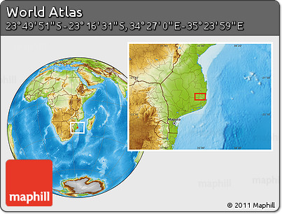 Physical Location Map of the Area around 23° 33' 11" S, 34° 55' 29" E
