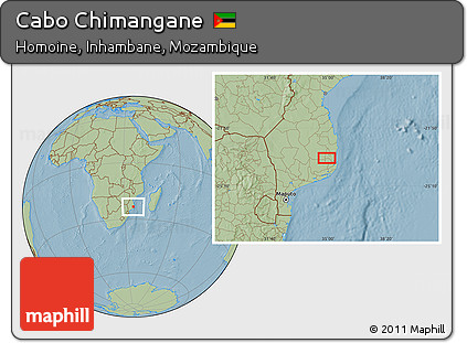 Savanna Style Location Map of Cabo Chimangane, hill shading