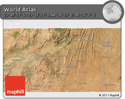 Satellite 3D Map of the Area around 23° 33' 11" S, 45° 7' 30" E