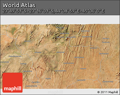 Satellite 3D Map of the Area around 23° 33' 11" S, 45° 7' 30" E