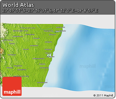 Physical 3D Map of the Area around 23° 33' 11" S, 47° 40' 29" E