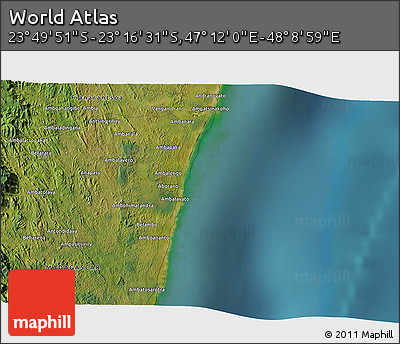 Satellite 3D Map of the Area around 23° 33' 11" S, 47° 40' 29" E