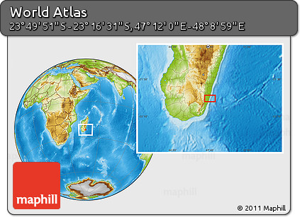 Physical Location Map of the Area around 23° 33' 11" S, 47° 40' 29" E
