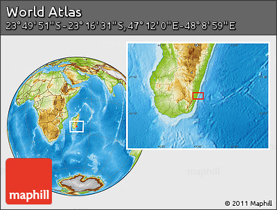 Physical Location Map of the Area around 23° 33' 11" S, 47° 40' 29" E