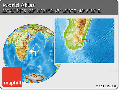 Physical Location Map of the Area around 23° 33' 11" S, 47° 40' 29" E