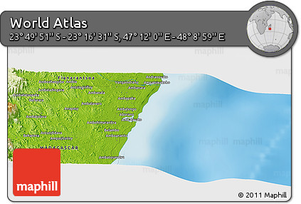 Physical Panoramic Map of the Area around 23° 33' 11" S, 47° 40' 29" E