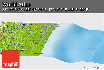 Physical Panoramic Map of the Area around 23° 33' 11" S, 47° 40' 29" E