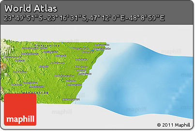 Physical Panoramic Map of the Area around 23° 33' 11" S, 47° 40' 29" E