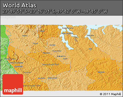 Political 3D Map of the Area around 23° 33' 11" S, 49° 13' 30" W