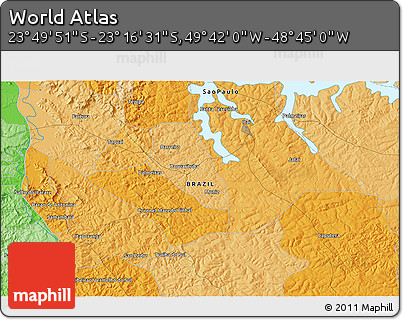 Political 3D Map of the Area around 23° 33' 11" S, 49° 13' 30" W
