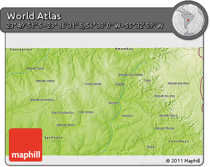 Physical 3D Map of the Area around 23° 33' 11" S, 56° 1' 29" W