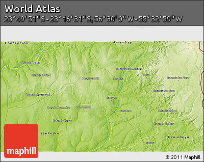 Physical 3D Map of the Area around 23° 33' 11" S, 56° 1' 29" W
