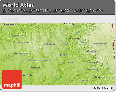 Physical 3D Map of the Area around 23° 33' 11" S, 56° 1' 29" W
