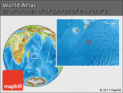 Physical Location Map of the Area around 23° 33' 11" S, 57° 52' 30" E