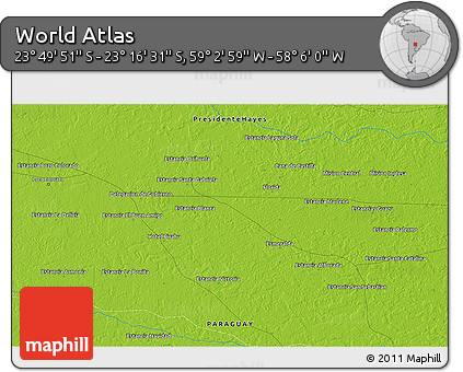 Physical 3D Map of the Area around 23° 33' 11" S, 58° 34' 30" W