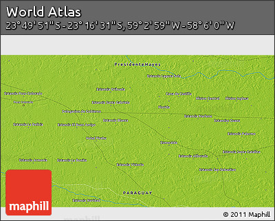 Physical 3D Map of the Area around 23° 33' 11" S, 58° 34' 30" W