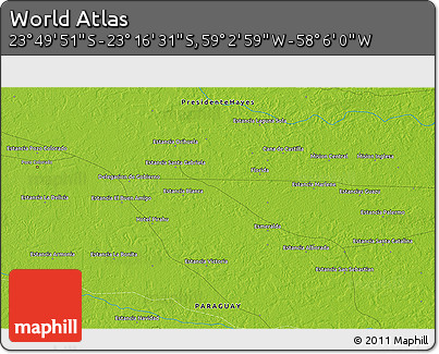 Physical 3D Map of the Area around 23° 33' 11" S, 58° 34' 30" W