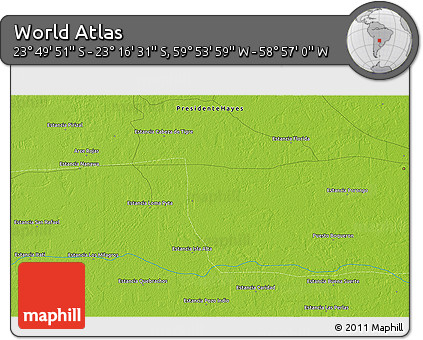 Physical 3D Map of the Area around 23° 33' 11" S, 59° 25' 29" W