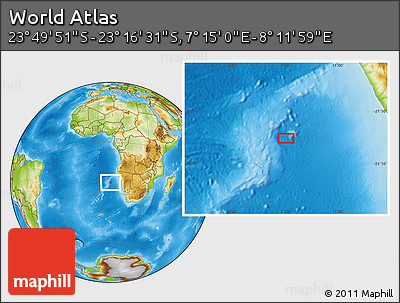 Physical Location Map of the Area around 23° 33' 11" S, 7° 43' 29" E