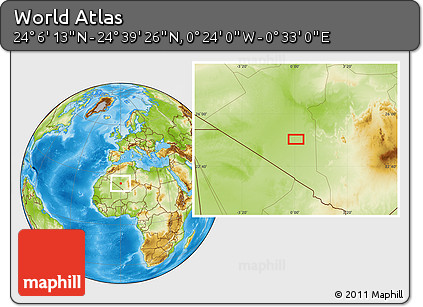 Physical Location Map of the Area around 24° 22' 49" N, 0° 4' 30" E