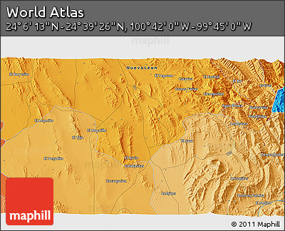 Political 3D Map of the Area around 24° 22' 49" N, 100° 13' 29" W