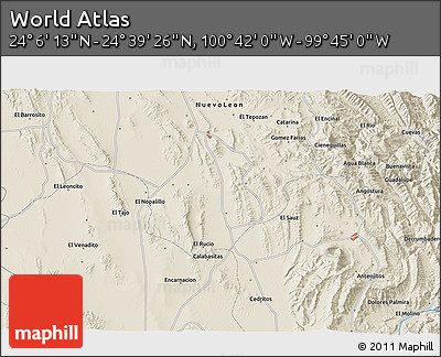 Shaded Relief 3D Map of the Area around 24° 22' 49" N, 100° 13' 29" W