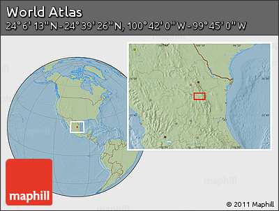 Savanna Style Location Map of the Area around 24° 22' 49" N, 100° 13' 29" W, hill shading