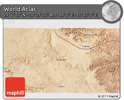 Satellite 3D Map of the Area around 24° 22' 49" N, 10° 16' 30" E