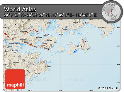 Shaded Relief Map of the Area around 24° 22' 49" N, 118° 13' 29" E