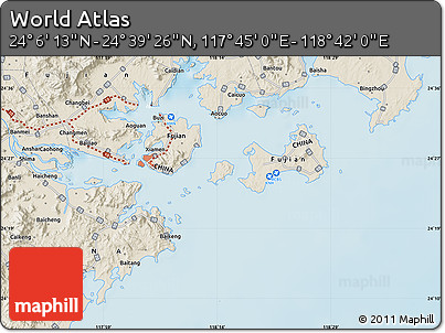 Shaded Relief Map of the Area around 24° 22' 49" N, 118° 13' 29" E