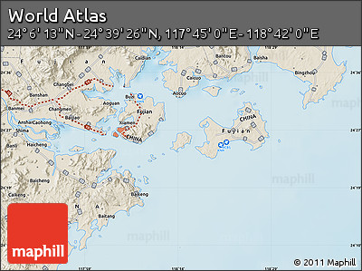 Shaded Relief Map of the Area around 24° 22' 49" N, 118° 13' 29" E