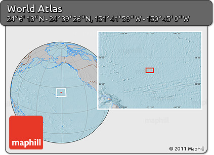 Gray Location Map of the Area around 24° 22' 49" N, 151° 13' 29" W, hill shading