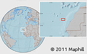 Gray Location Map of the area around 24° 22' 49" N, 17° 46' 29" W, hill shading