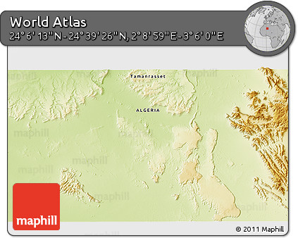 Physical 3D Map of the Area around 24° 22' 49" N, 2° 37' 30" E