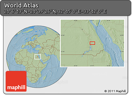 Savanna Style Location Map of the Area around 24° 22' 49" N, 33° 13' 30" E, hill shading