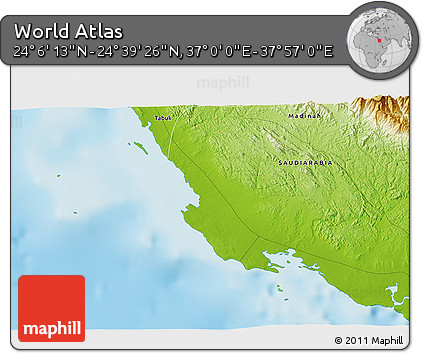 Physical 3D Map of the Area around 24° 22' 49" N, 37° 28' 30" E