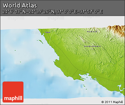 Physical 3D Map of the Area around 24° 22' 49" N, 37° 28' 30" E