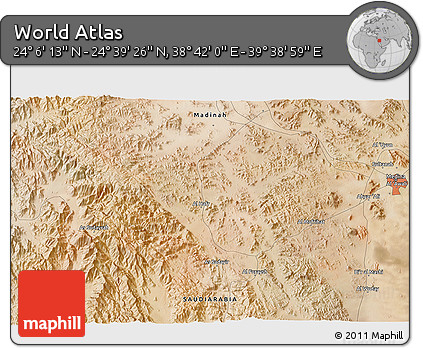 Satellite 3D Map of the Area around 24° 22' 49" N, 39° 10' 29" E