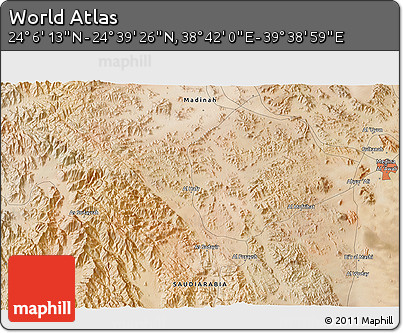 Satellite 3D Map of the Area around 24° 22' 49" N, 39° 10' 29" E