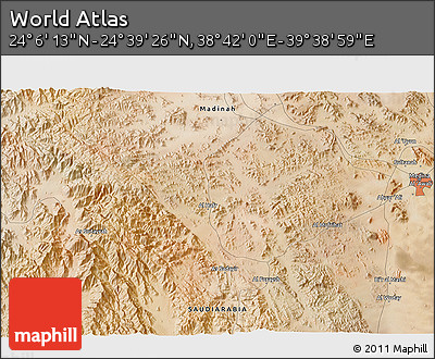 Satellite 3D Map of the Area around 24° 22' 49" N, 39° 10' 29" E
