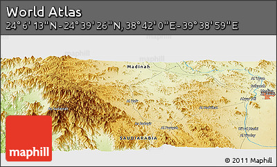 Physical Panoramic Map of the Area around 24° 22' 49" N, 39° 10' 29" E