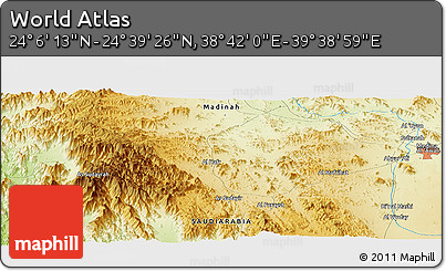 Physical Panoramic Map of the Area around 24° 22' 49" N, 39° 10' 29" E