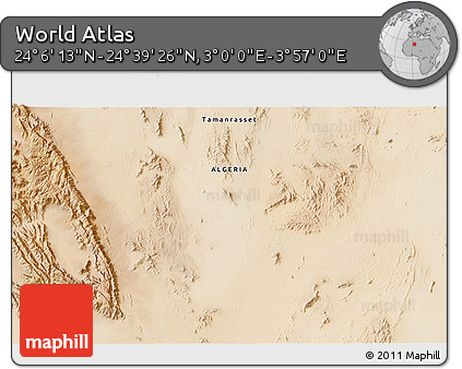 Satellite 3D Map of the Area around 24° 22' 49" N, 3° 28' 30" E