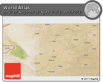 Satellite 3D Map of the Area around 24° 22' 49" N, 71° 28' 29" E